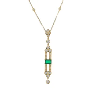 0.80ct Emerald Cut Emerald and 1.26ct Diamond Lace Pendant in 18K Yellow Gold