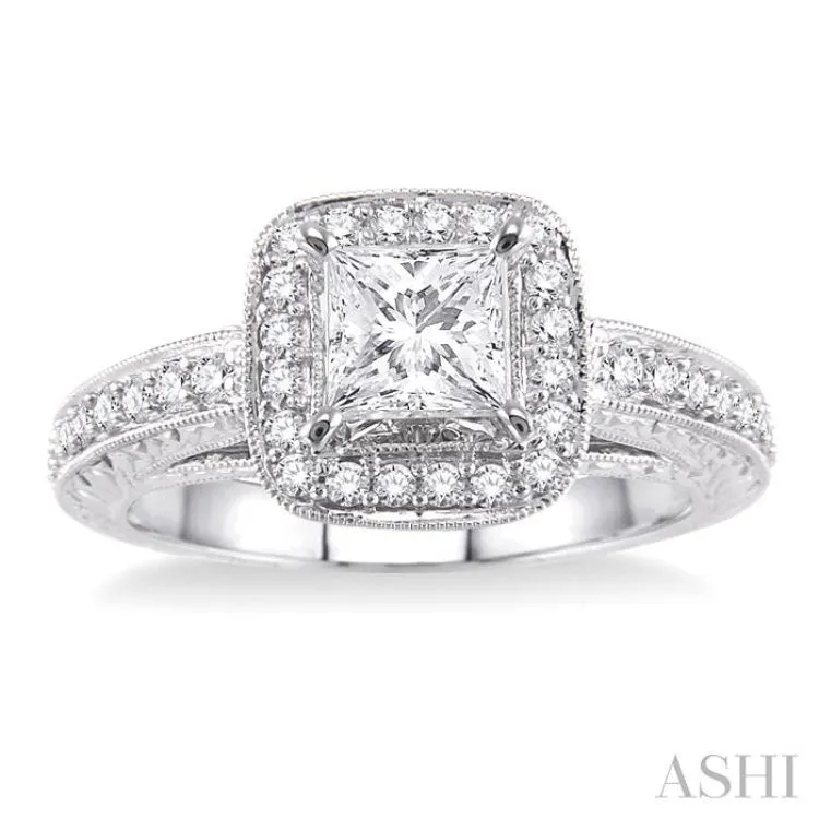 1 1/10 Ctw Diamond Engagement Ring with 3/4 Ct Princess Cut Center Stone in 14K White Gold