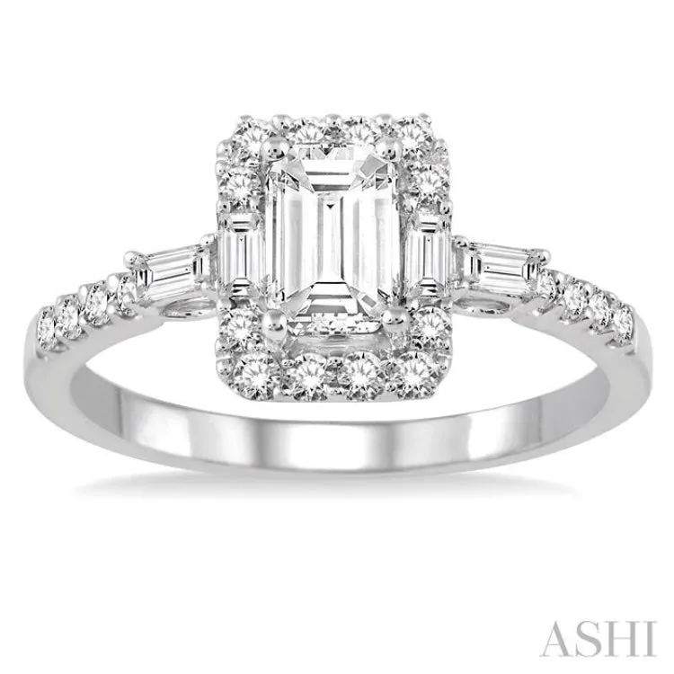 1 1/10 ctw Diamond Engagement Ring with 5/8 Ct Emerald Cut Center Stone in 14K White Gold