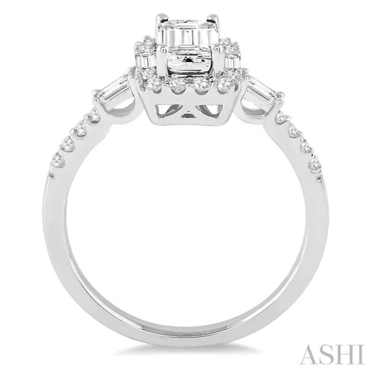 1 1/10 ctw Diamond Engagement Ring with 5/8 Ct Emerald Cut Center Stone in 14K White Gold