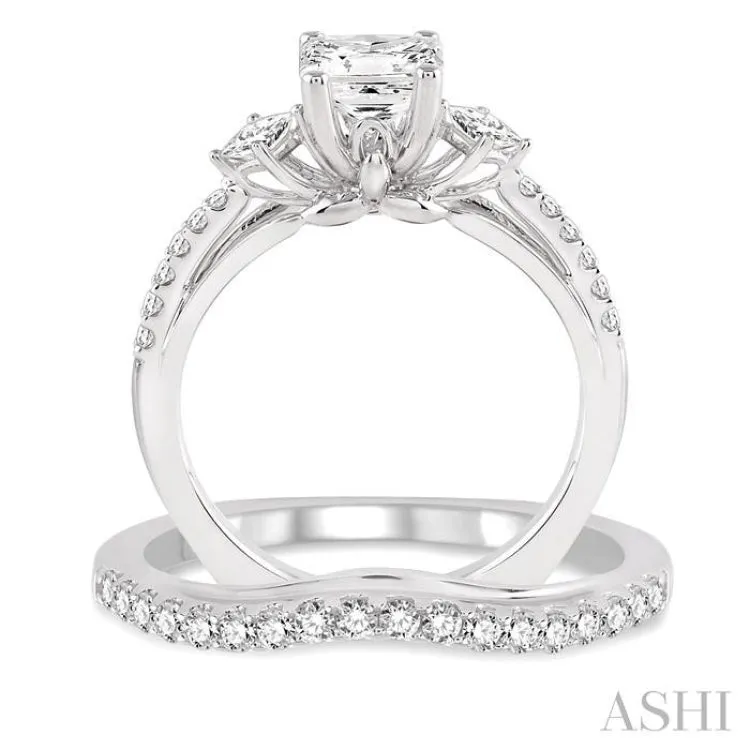 1 1/10 Ctw Diamond Wedding Set with 7/8 Ctw Princess Cut Engagement Ring and 1/4 Ctw Wedding Band in 14K White Gold