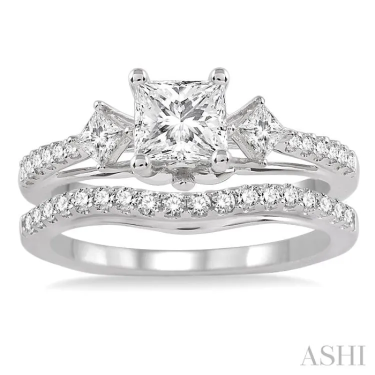 1 1/10 Ctw Diamond Wedding Set with 7/8 Ctw Princess Cut Engagement Ring and 1/4 Ctw Wedding Band in 14K White Gold