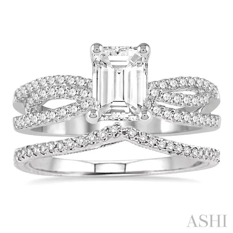 1 1/3 Ctw Diamond Wedding Set with 1 1/6 Ctw Octagon Cut Engagement Ring and 1/5 Ctw Wedding Band in 14K White Gold