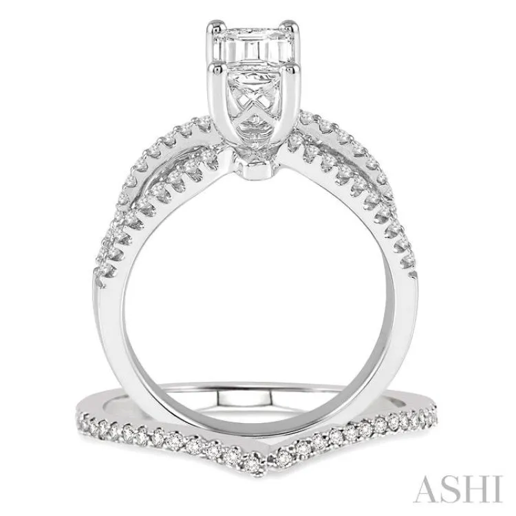 1 1/3 Ctw Diamond Wedding Set with 1 1/6 Ctw Octagon Cut Engagement Ring and 1/5 Ctw Wedding Band in 14K White Gold