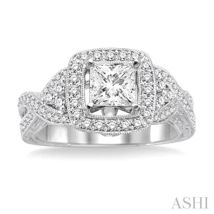 1 1/4 Ctw Diamond Engagement Ring with 3/4 Ct Princess Cut Center Stone in 14K White Gold