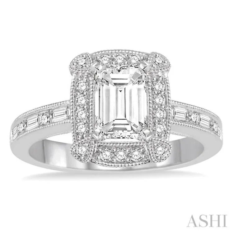 1 1/6 Ctw Diamond Engagement Ring with 5/8 Ct Emerald Cut Center Stone in 14K White Gold