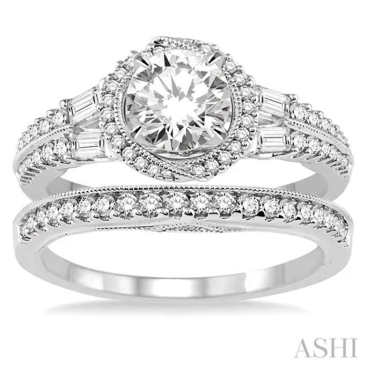 1 3/8 Ctw Diamond Wedding Set with 1 1/6 Ctw Round Cut Engagement Ring and 1/4 Ctw Wedding Band in 14K White Gold