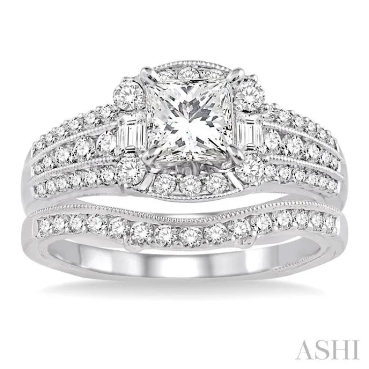 1 5/8 Ctw Diamond Wedding Set with 1 1/2 Ctw Princess Cut Engagement Ring and 1/5 Ctw Wedding Band in 14K White Gold