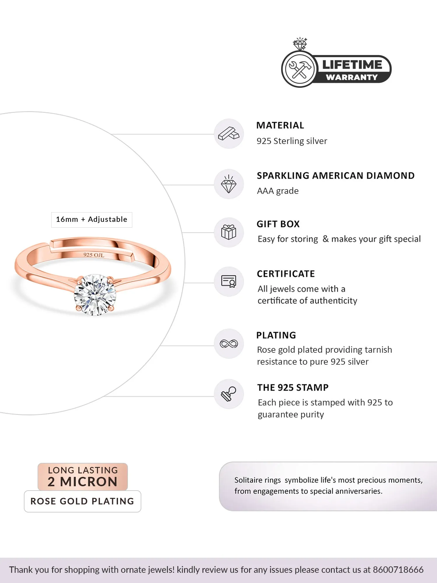 1 Carat Rose Gold Solitaire Adjustable Ring For Women