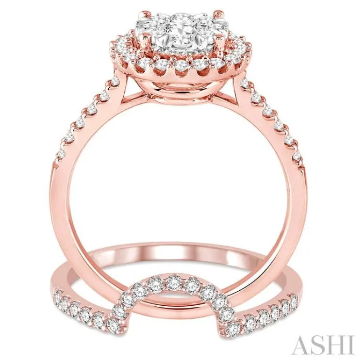 1 Ctw Round Shape Diamond Lovebright Wedding Set with 3/4 Ctw Engagement Ring and 1/4 Ctw Wedding Band in 14K Rose and White Gold