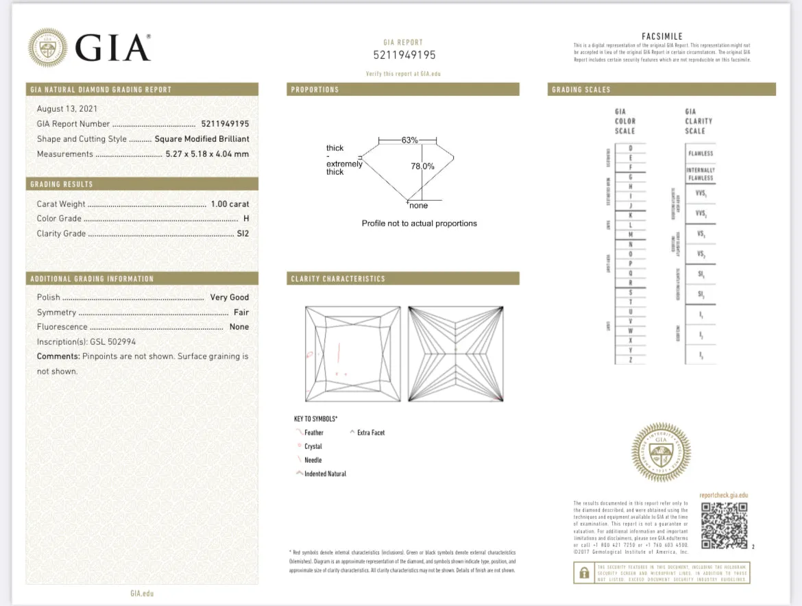 1.00 Carat Princess Cut Diamond H , SI2 , GIA Certified 5211949195