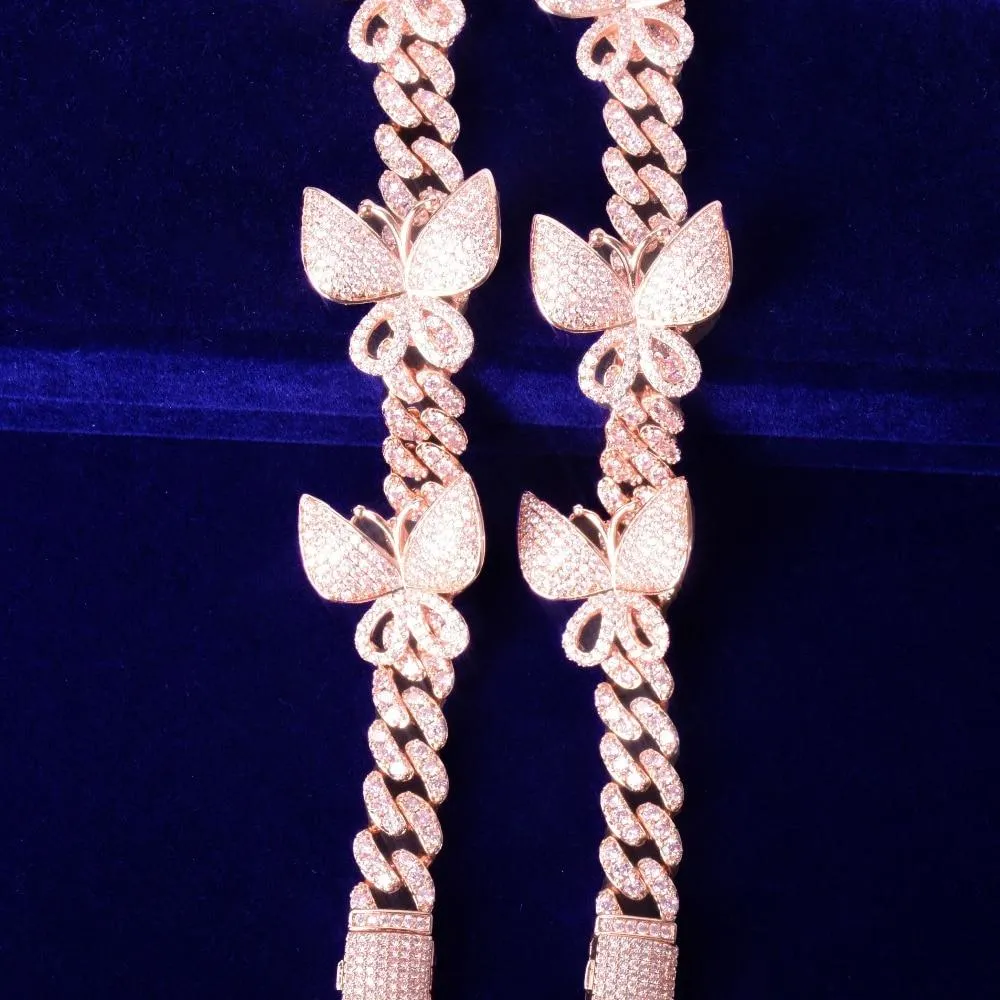 10mm Pink Cuban Link Bracelet With Butterfly AAAA Zircon Chain