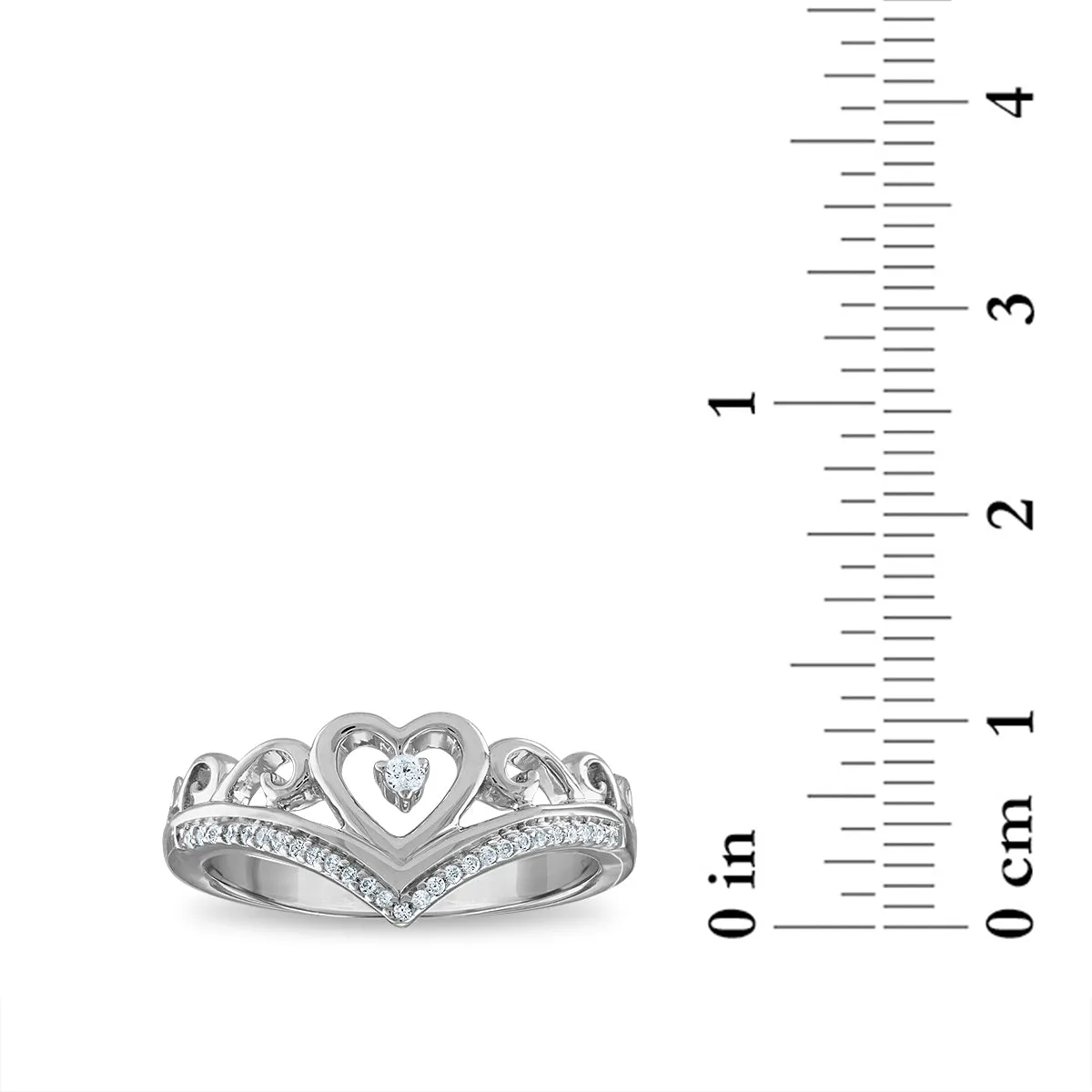 1/10 CTW Diamond Heart Tiara Crown Ring in Rhodium Plated Sterling Silver