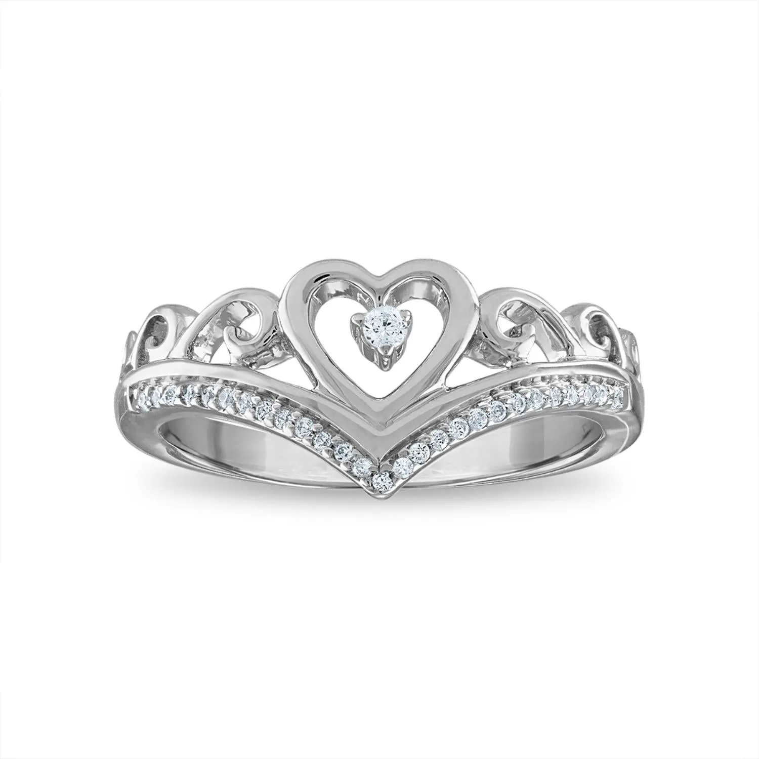 1/10 CTW Diamond Heart Tiara Crown Ring in Rhodium Plated Sterling Silver