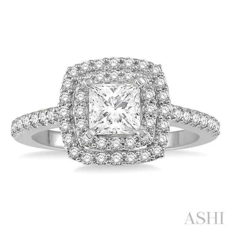 1/2 ct Princess & Round Cut Diamond Ladies Engagement Ring with 1/4 Ct Princess Cut Center Stone in 14K White Gold