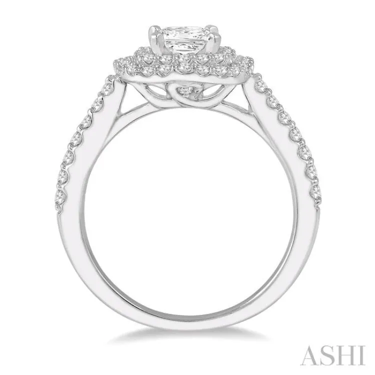 1/2 ct Princess & Round Cut Diamond Ladies Engagement Ring with 1/4 Ct Princess Cut Center Stone in 14K White Gold