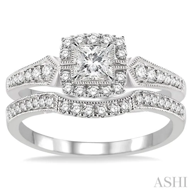 1/2 Ctw Diamond Wedding Set with 3/8 Ctw Princess Cut Engagement Ring and 1/6 Ctw Wedding Band in 14K White Gold