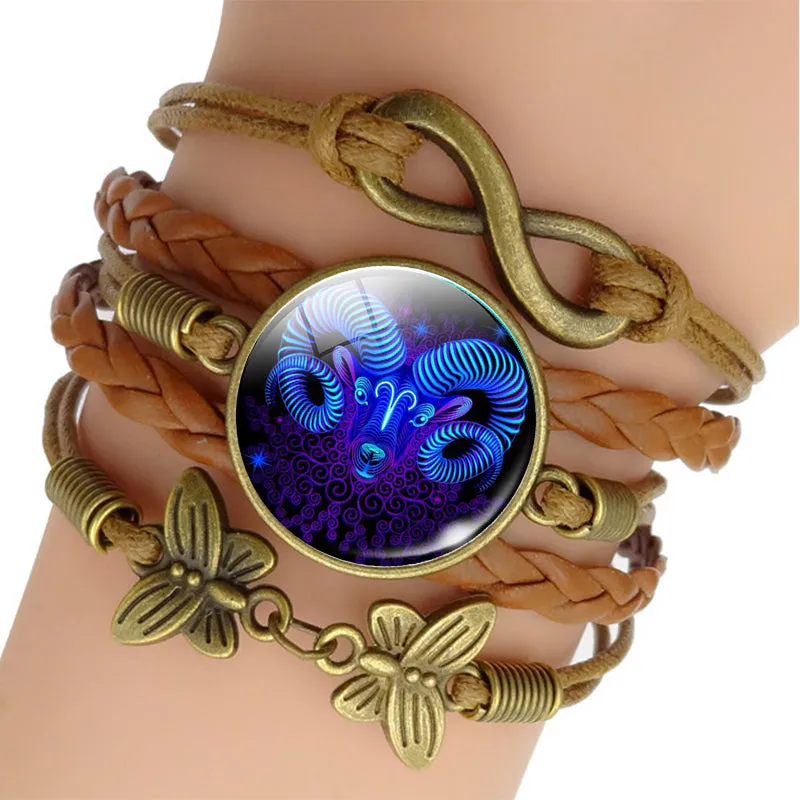 12 Zodiac Sign Woven Leather Bracelet for Birthday Gift