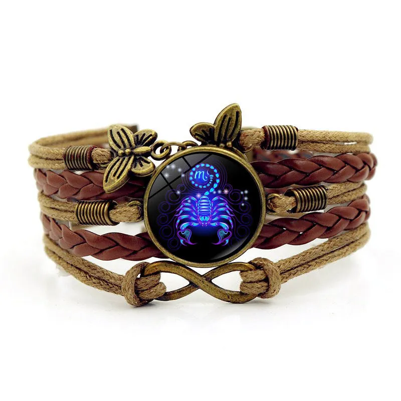 12 Zodiac Sign Woven Leather Bracelet for Birthday Gift