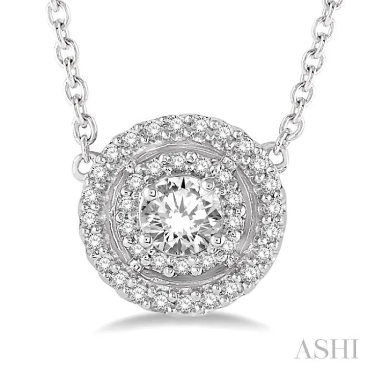 1/3 Ctw Double Halo Round Cut Diamond Pendant With Cable Chain in 14K White Gold