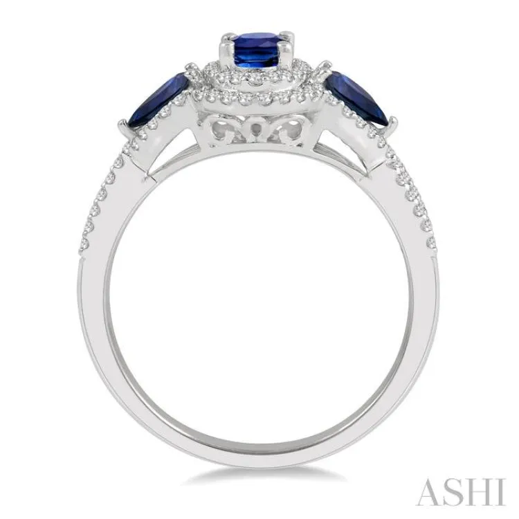 1/4 Ctw Round Cut Diamond & 3-Stone 6x4MM Oval Cut and 5x3 MM Pear Cut Sapphire Precious Ring in 10K White Gold