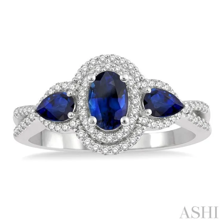 1/4 ctw Round Cut Diamond & 3-Stone 6x4MM Oval Cut and 5x3MM Pear Cut Sapphire Precious Ring in 10K White Gold