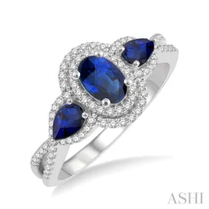 1/4 ctw Round Cut Diamond & 3-Stone 6x4MM Oval Cut and 5x3MM Pear Cut Sapphire Precious Ring in 10K White Gold