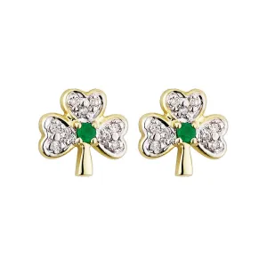 14K Gold Diamond & Emerald Shamrock Stud Earrings