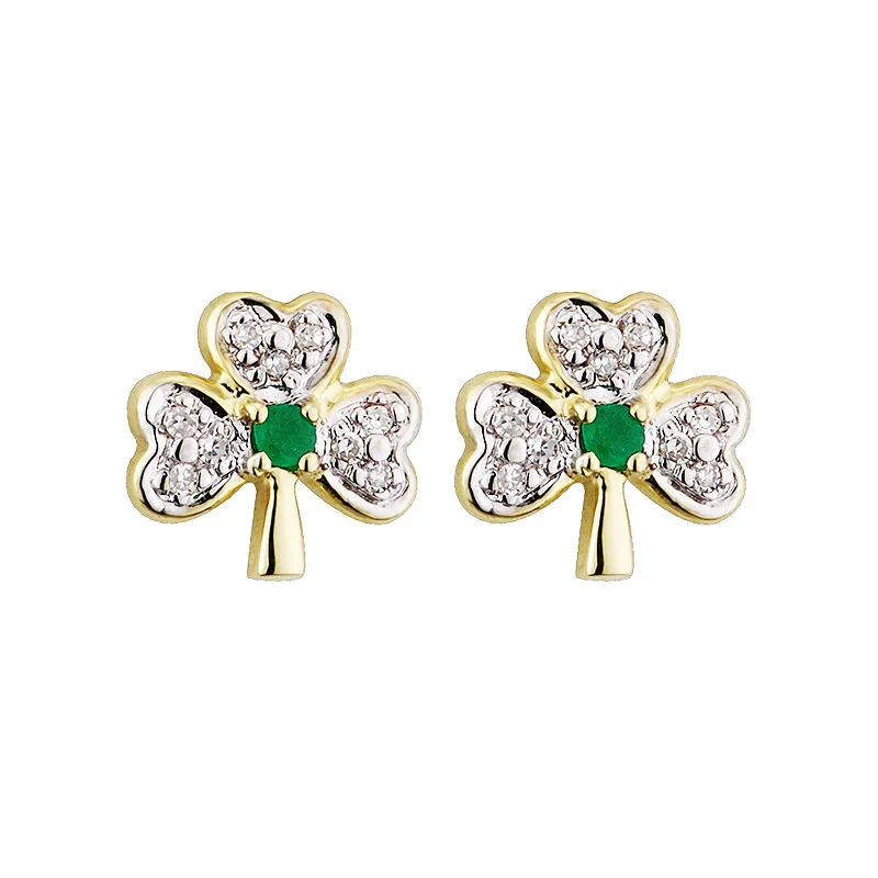 14K Gold Diamond & Emerald Shamrock Stud Earrings