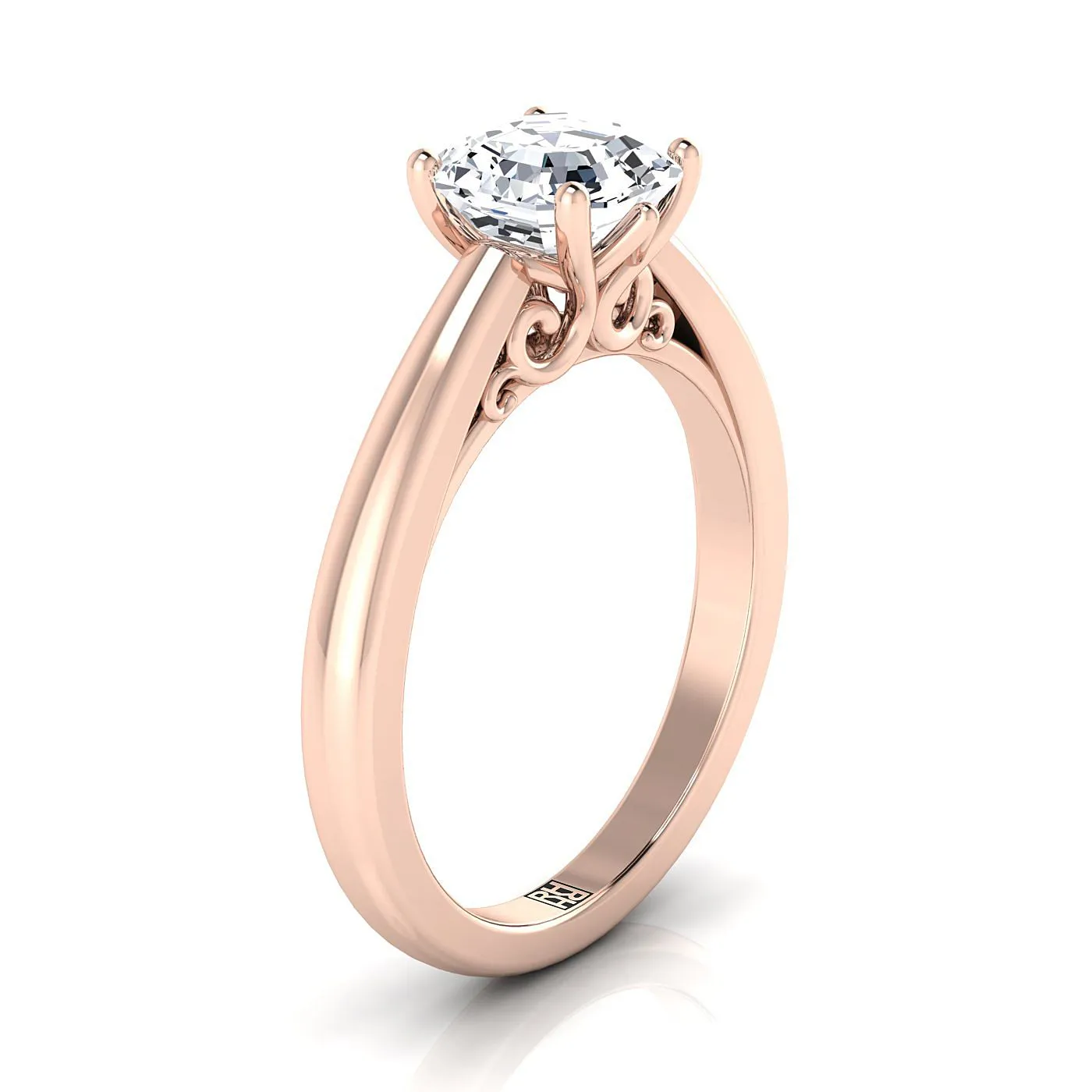 14K Rose Gold Asscher Cut Scroll Gallery Comfort Fit Solitaire Engagement Ring