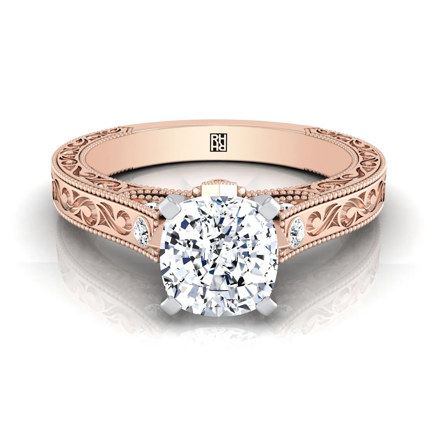 14K Rose Gold Cushion Delicate Diamond Accented Antique Hand Engraved Engagement Ring -1/10ctw