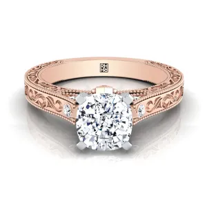 14K Rose Gold Cushion Delicate Diamond Accented Antique Hand Engraved Engagement Ring -1/10ctw