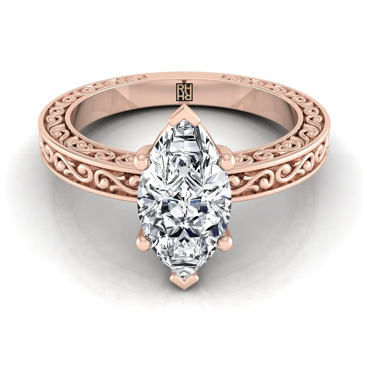 14K Rose Gold Marquise  Hand Engraved Scroll Vintage Solitaire Engagement Ring