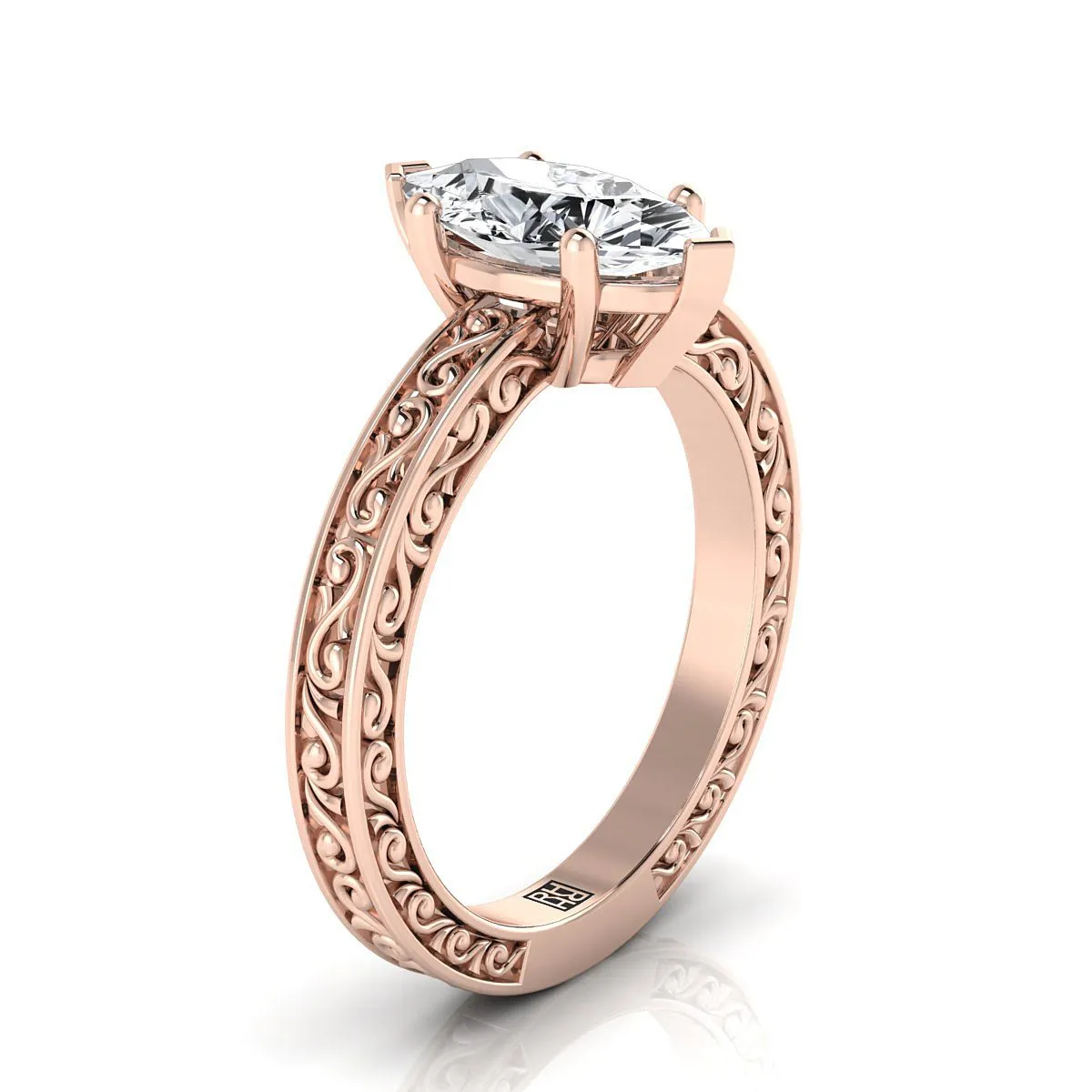 14K Rose Gold Marquise  Hand Engraved Scroll Vintage Solitaire Engagement Ring