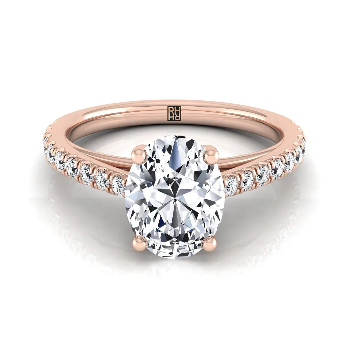 14K Rose Gold Oval Diamond French Pave Cathedral Style Solitaire Engagement Ring -1/4ctw