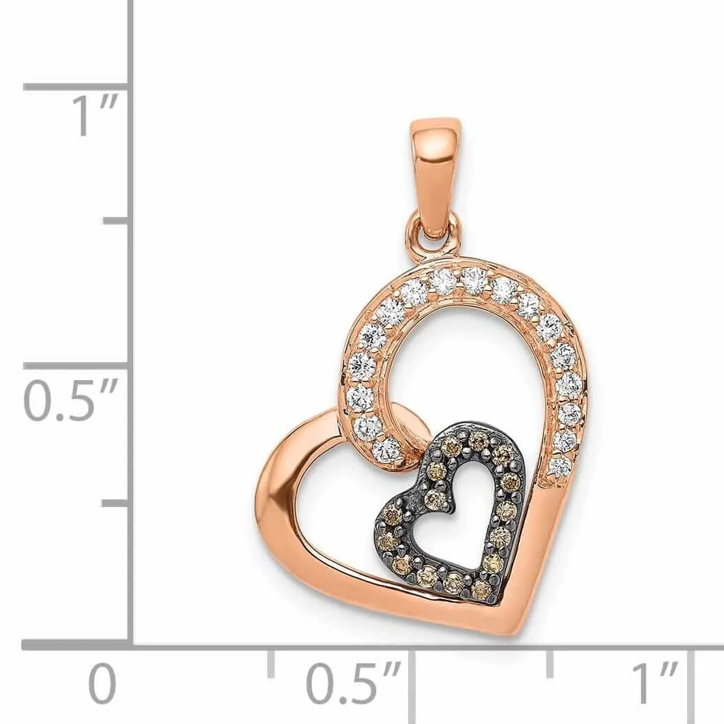 14k Rose Gold Polished Finish Open Back Champagne and White 0.202-CT Diamonds Heart in Heart Design Charm Pendant