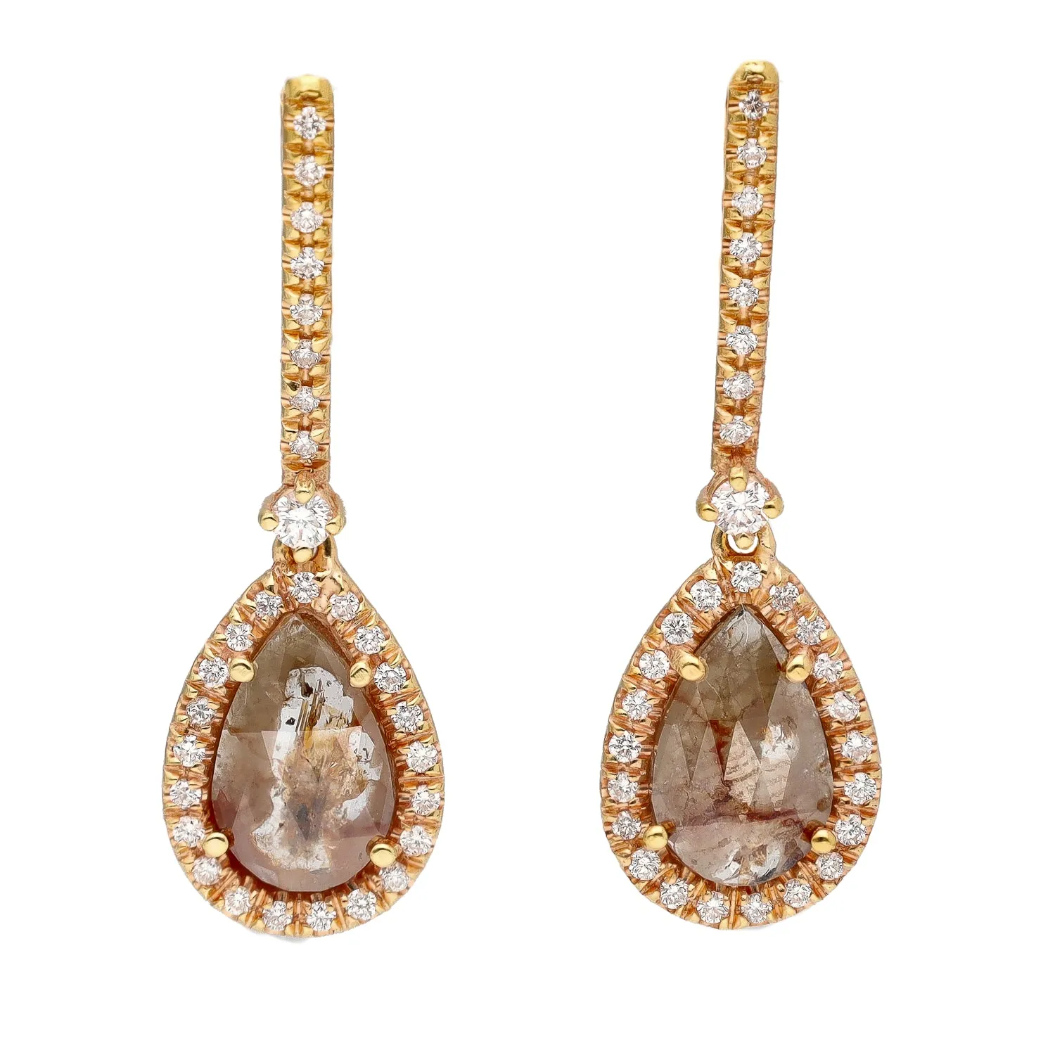 14K Rose Gold Rough Cut Diamond with Diamond Halos Lever Back Dangle Earrings