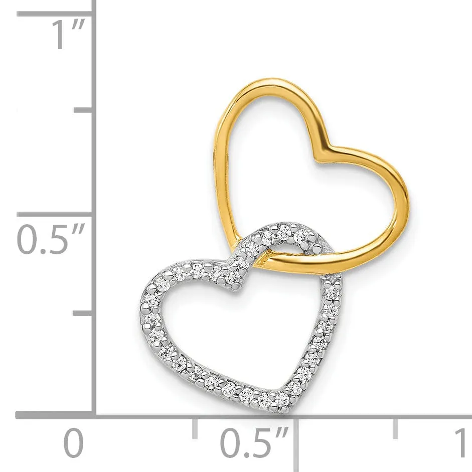 14k Two Tone Gold Closed Back Polished Finish 0.1-CT Diamond Double Heart in Heart Design Chain Slide Pendant will not fit Omega Chain