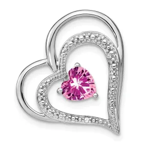 14k White Gold Created Pink Sapphire/Diamond Heart Chain Slide