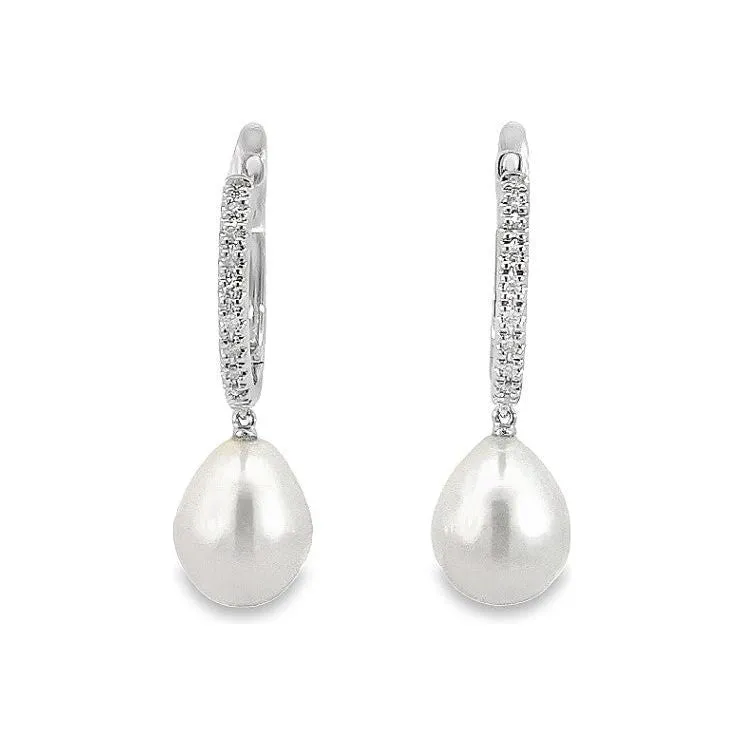 14K White Gold Diamond & Pearl Drop Hoop Earrings