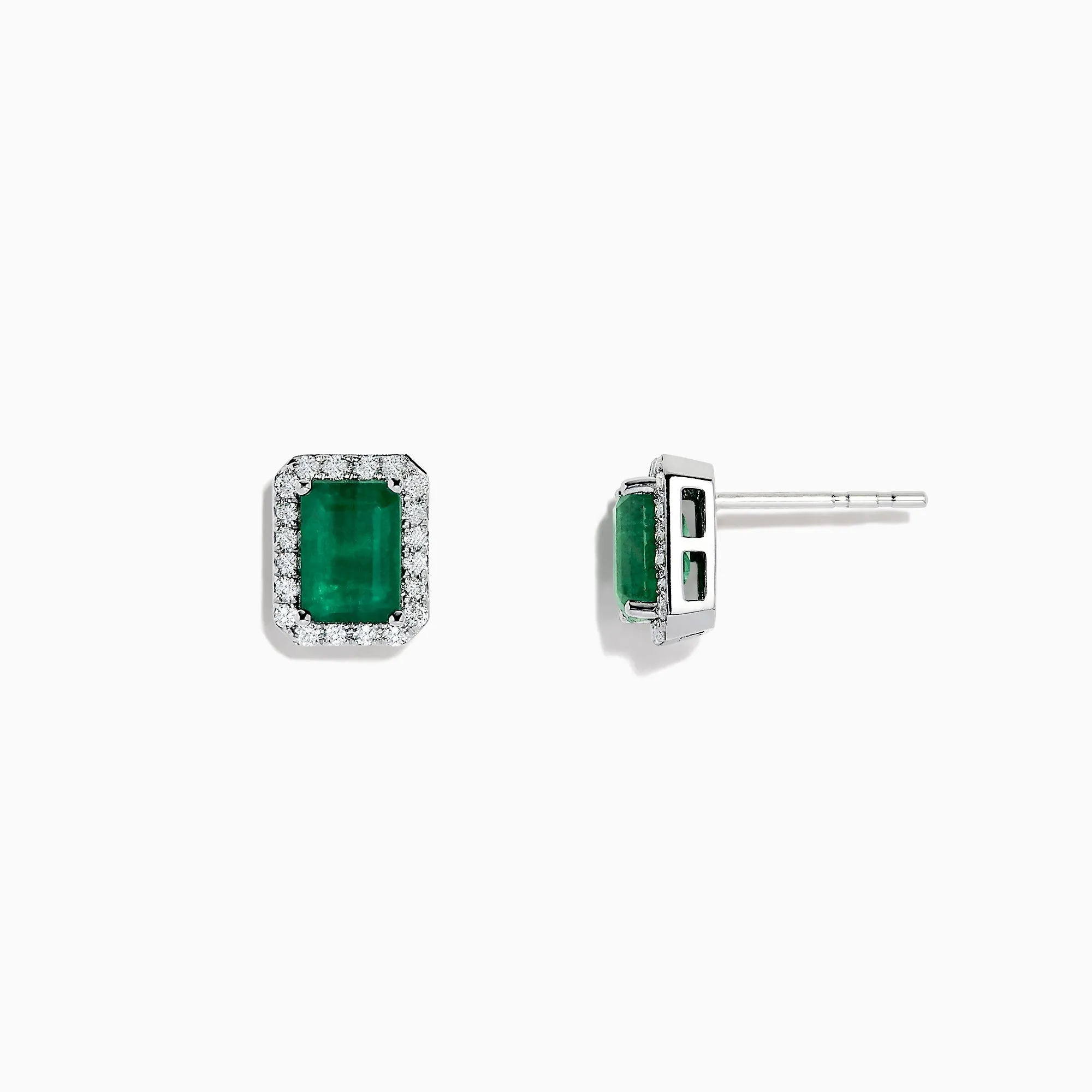 14K White Gold Diamond Halo Emerald Stud Earrings, 2.15 TCW