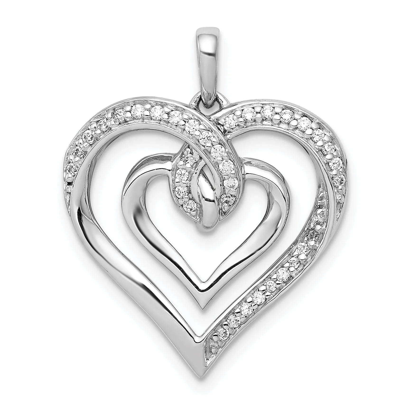 14k White Gold Open Back Polished Finish 0.16-CT Diamond Entwined Heart in Heart Loop Design Charm Pendant