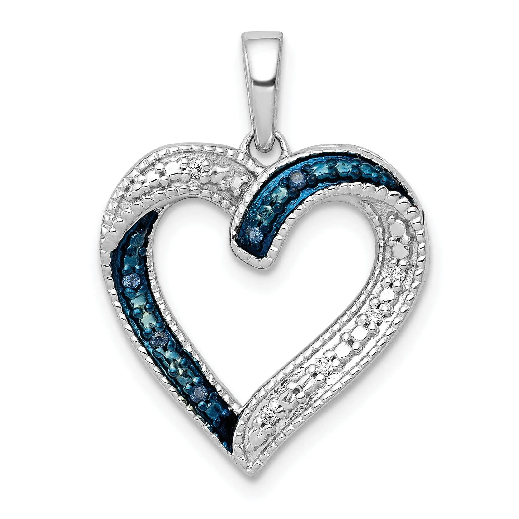 14k White Gold Polished Finish Open Back 1/20-CT Blue & White Diamond Heart Design Charm Pendant