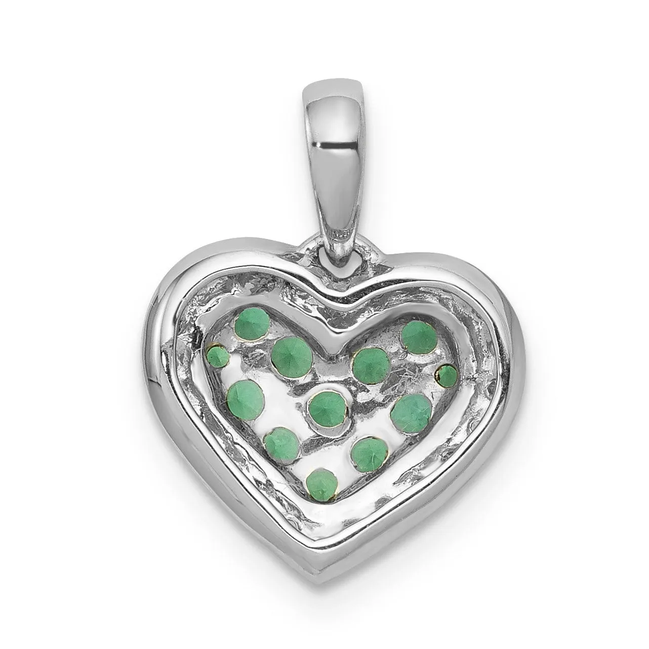 14k White Gold, White, Black Rhodium Polished Finish Open Back 0.12-CT Diamond & 0.308-CT Emerald Heart Design Charm Pendant