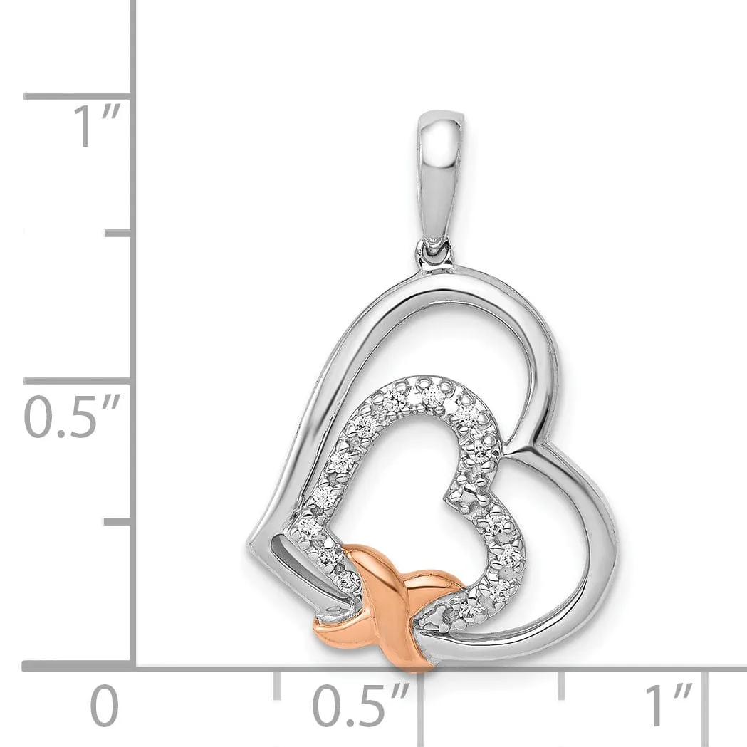 14k White, Rose Gold Close Back Polished Finish 1/15-CT Diamond Two Hearts Entwined Fancy Design Charm Pendant