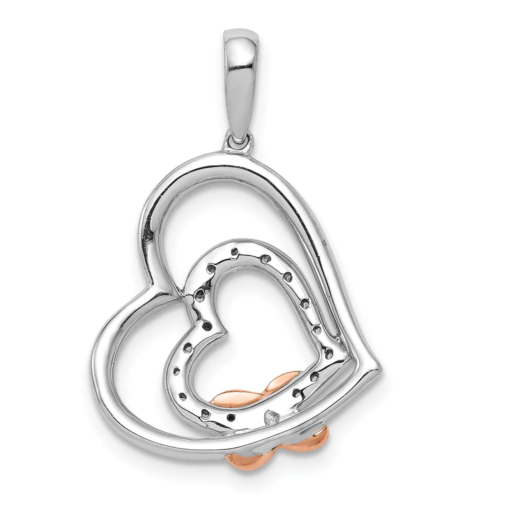 14k White, Rose Gold Close Back Polished Finish 1/15-CT Diamond Two Hearts Entwined Fancy Design Charm Pendant