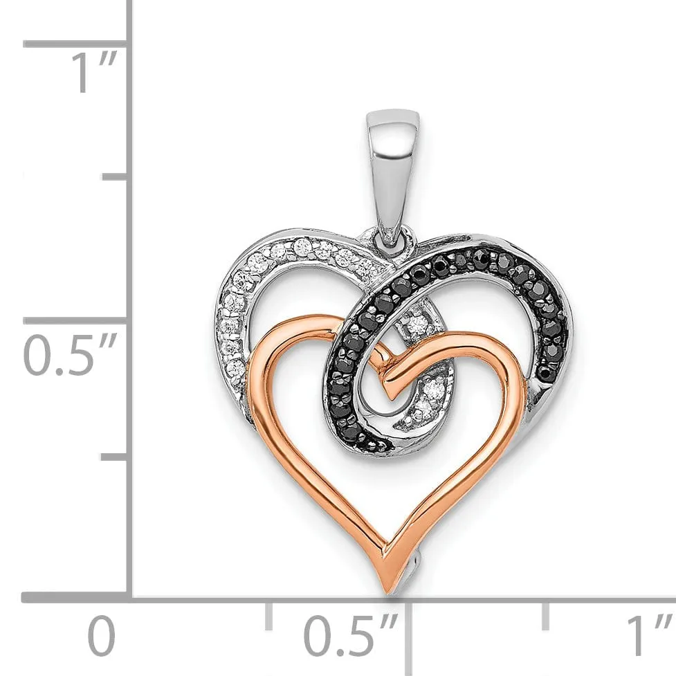 14k White Rose Gold Polished Finish with White & Black 0.11-CT Diamonds Heart In Heart Fancy Design Charm Pendant