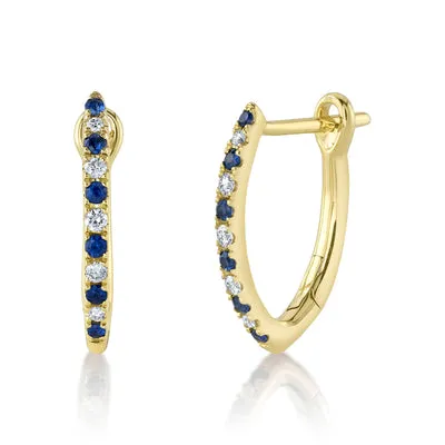 14K Yellow Gold 0.23ctw Blue Sapphire & Diamond Pointed Hoop Earrings by Shy Creation