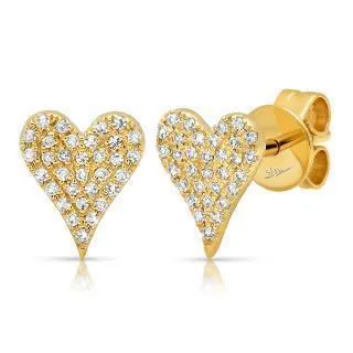 14K Yellow Gold Diamond Heart Stud Earrings W/ 0.14ct Pave Diamonds