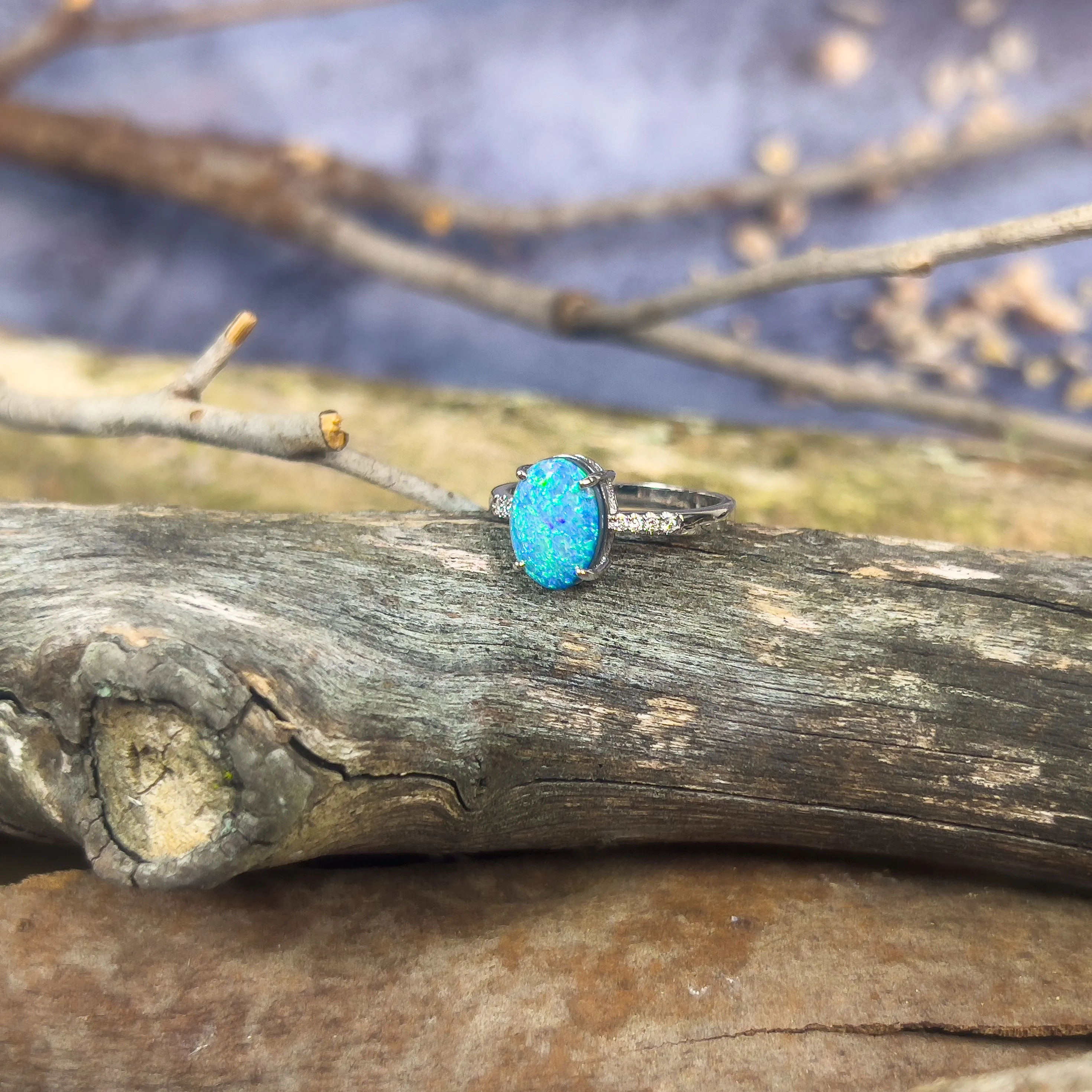 14kt White Gold Black Opal doublet 1.65ct with diamonds ring